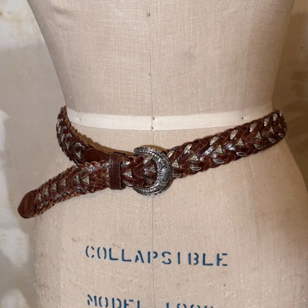 Vintage Brown Braided Leather Western Belt Silver Studded Boho Woven Medium